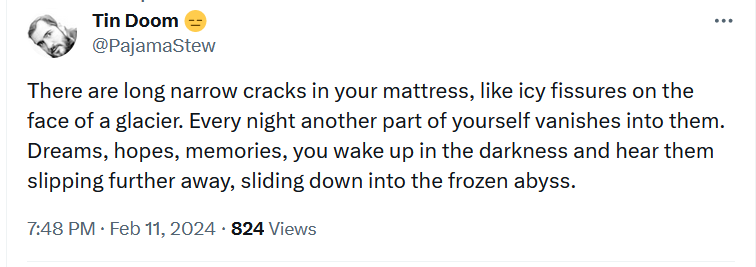 Tin Doom 😑
@PajamaStew

There are long narrow cracks in your mattress, like icy fissures on the face of a glacier. Every night another part of yourself vanishes into them. Dreams, hopes, memories, you wake up in the darkness and hear them slipping further away, sliding down into the frozen abyss.

7:48 PM · Feb 11, 2024