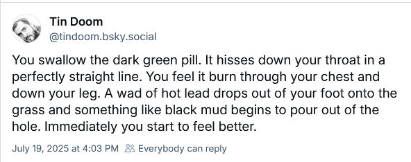 Tin Doom
‪@tindoom.bsky.social‬
You swallow the dark green pill. It hisses down your throat in a perfectly straight line. You feel it burn through your chest and down your leg. A wad of hot lead drops out of your foot onto the grass and something like black mud begins to pour out of the hole. Immediately you start to feel better.
July 19, 2025 at 4:03 PM