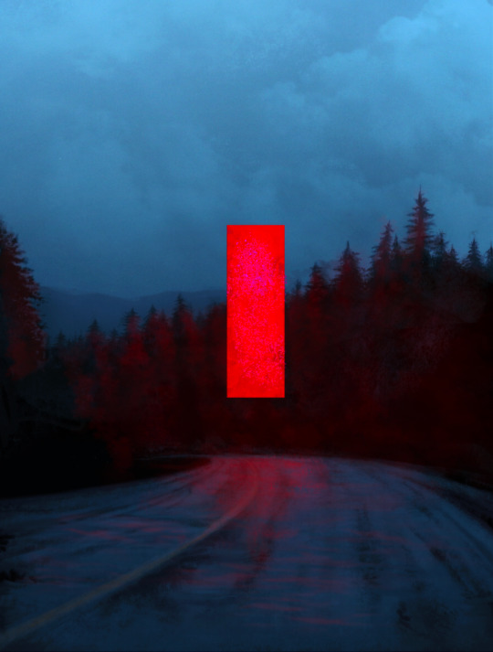 red monolith floating on an empty pine tree lined road. by Lost Vegas