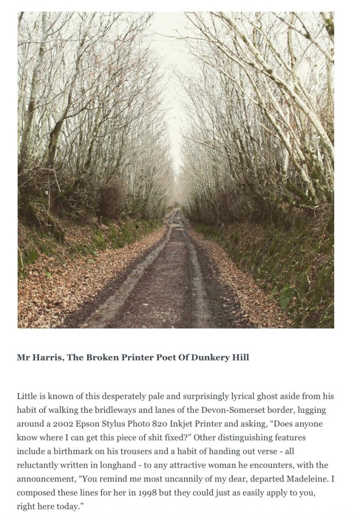 Mr Harris, The Broken Printer Poet Of Dunkery Hill
Little is known of this desperately pale and surprisingly lyrical ghost aside from his habit of walking the bridleways and lanes of the Devon-Somerset border, lugging around a 2002 Epson Stylus Photo 820 Inkjet Printer and asking, “Does anyone know where I can get this piece of shit fixed?” Other distinguishing features include a birthmark on his trousers and a habit of handing out verse - all reluctantly written in longhand - to any attractive woman he encounters, with the announcement, “You remind me most uncannily of my dear, departed Madeleine. I composed these lines for her in 1998 but they could just as easily apply to you, right here today.”