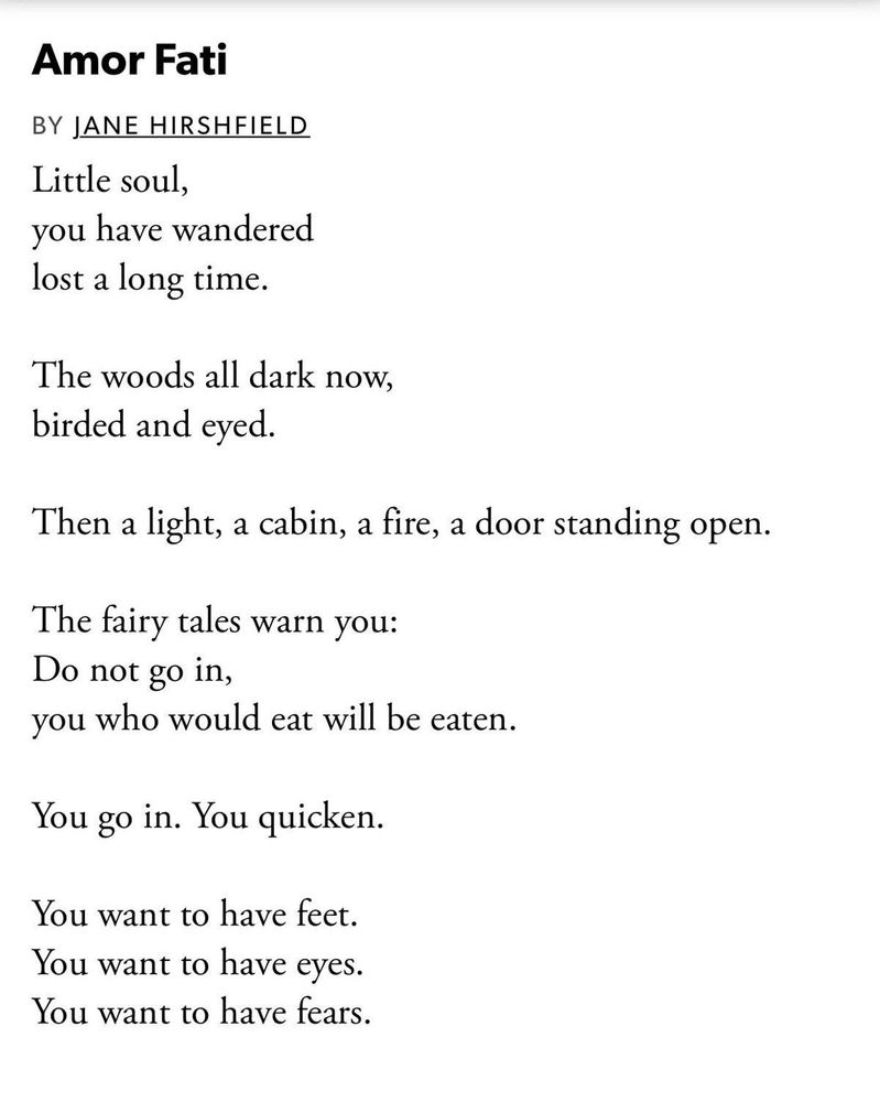 
Amor Fati
BY JANE HIRSHFIELD
Little soul,
you have wandered
lost a long time.
The woods all dark now,
birded and eyed.
Then a light, a cabin, a fire, a door standing open.
The fairy tales warn you:
Do not go in,
you who would eat will be eaten.
You
go in. You quicken.
You want to have feet.
You want to have eyes.
You want to have fears.